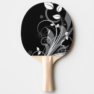 Grey Floral Pattern on Black Ping Pong Paddle