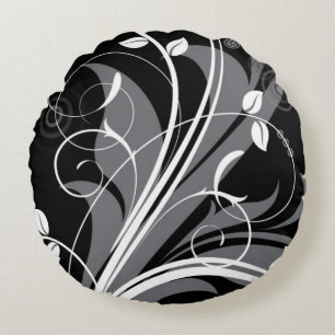 Grey Floral Pattern on Black Round Cushion