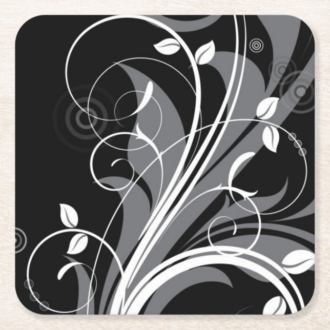 Grey Floral Pattern on Black Square Paper Coaster (Front)