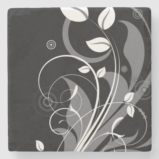 Grey Floral Pattern on Black Stone Coaster (Front)