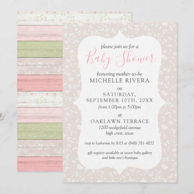 Grey Floral Pink & Sage Rustic Country Baby Shower Invitation (Front/Back)
