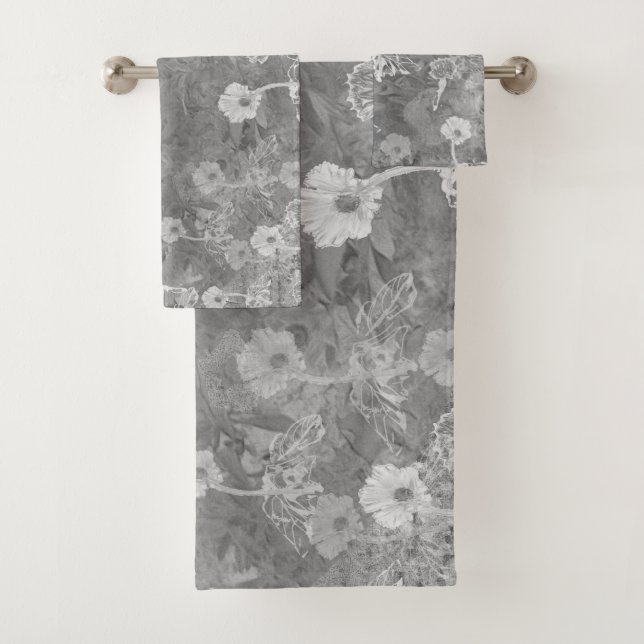 Grey Floral Print Bathroom Towels (Insitu)
