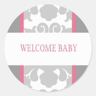 Grey Floral Ribbon Sticker-pink Classic Round Sticker