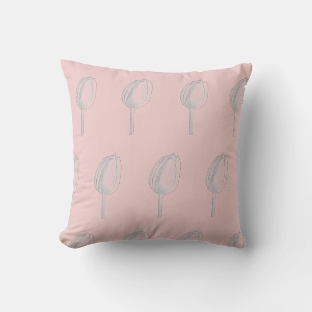 Grey Floral Salmon Pink Orange Tulips Patterns Cushion (Front)