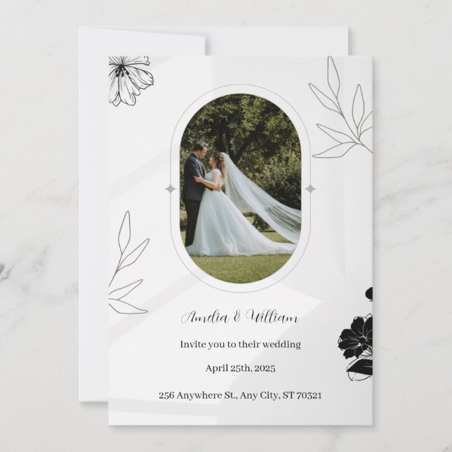 Grey Floral Simple Wedding Invitation (Front)