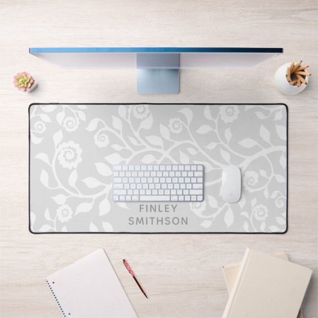 Grey Floral Swirls Template Elegant Classy Stylish Desk Mat (Office 1)