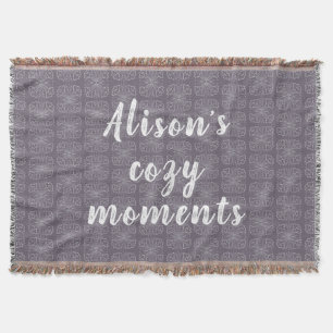 Grey floral tiles with text Alison’s cosy moments Throw Blanket