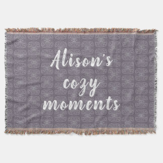 Grey floral tiles with text Alison’s cosy moments Throw Blanket
