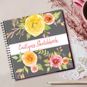 Grey floral watercolor sketchbook script name chic notebook