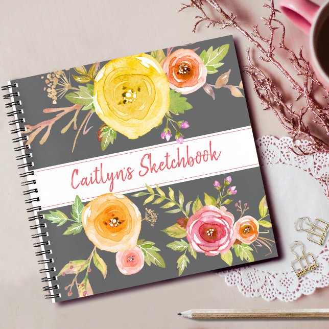 Grey floral watercolor sketchbook script name chic notebook (Creator Uploaded)