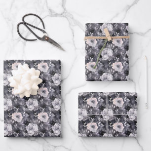 Grey Floral Watercolor Wrapping Paper Sheet