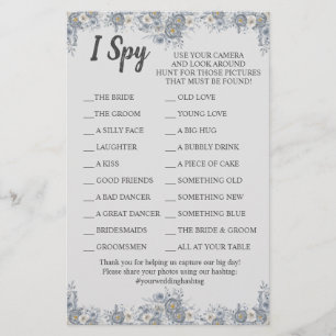 Grey Floral Wedding Reception I Spy Game Card