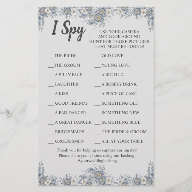 Grey Floral Wedding Reception I Spy Game Card (Front)