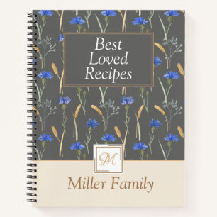 Grey Floral Wildflower Mongoram Recipe Notebook