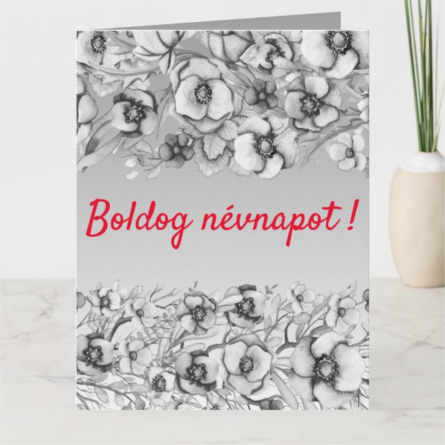 Grey  florals - Hungarian name day Card (Front)