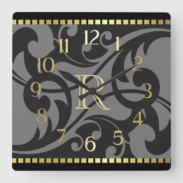 Grey Flourish Design Gold Border with Monogram Square Wall Clock (Front)