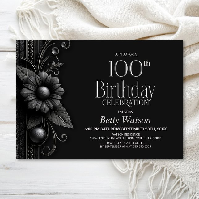 Grey Flower 100th Birthday Party Invitation (Creator Uploaded)