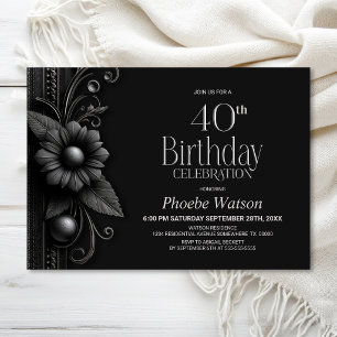 Grey Flower 40th Birthday Party Invitation
