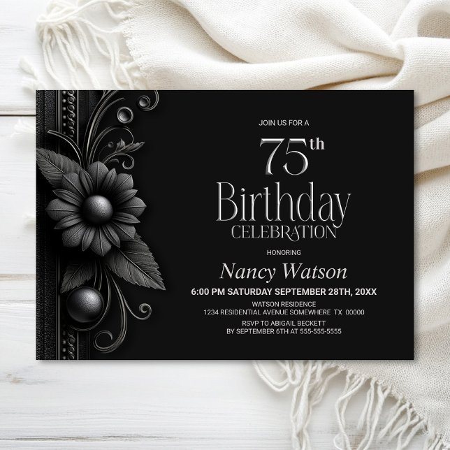 Grey Flower 75th Birthday Party Invitation (Creator Uploaded)