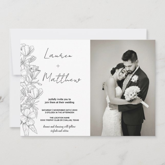 Grey Flower Art Wedding Invitations with photo (Front)