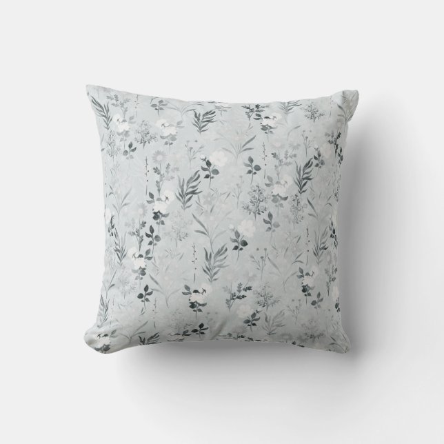 Grey Flowers Botanical Painting Cushion (Front)