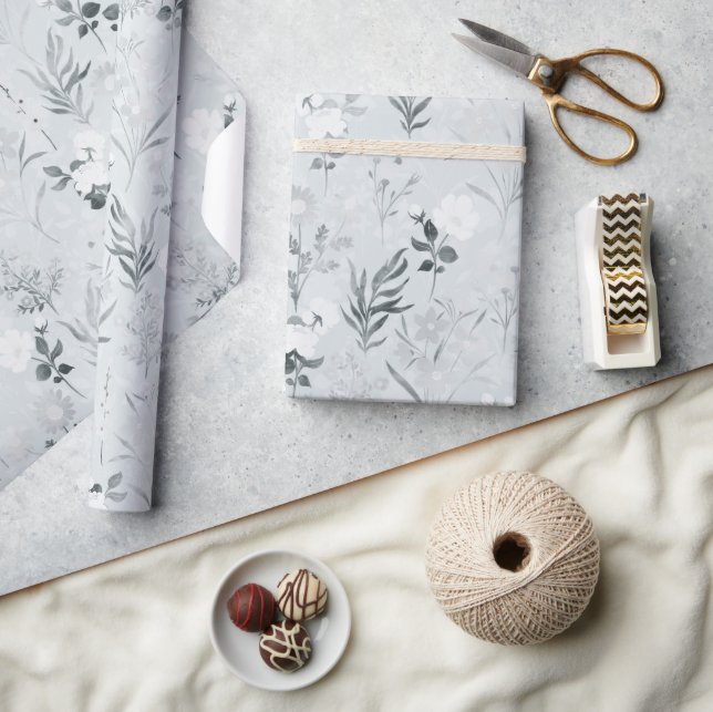 Grey Flowers Painting Botanical Wrapping Paper (Crafts)