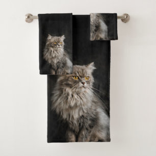 Grey Fluffy Cat  Bath Towel Set