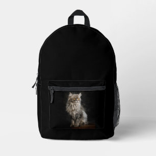 Grey Fluffy Cat Printed Backpack