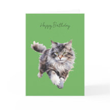 Grey Fluffy Cat Running Birthday Card #1