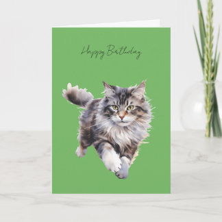 Grey Fluffy Cat Running Birthday Card #1