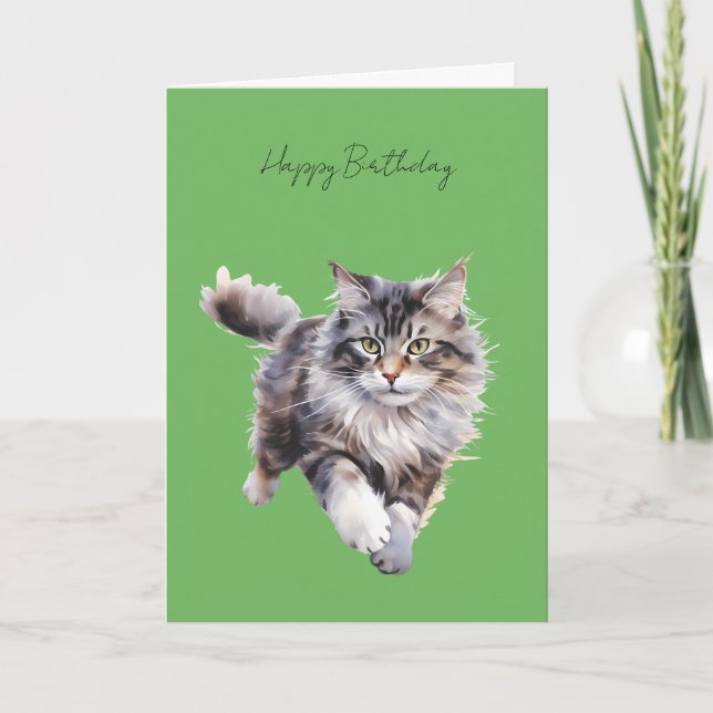 Grey Fluffy Cat Running Birthday Card #1 (Front)