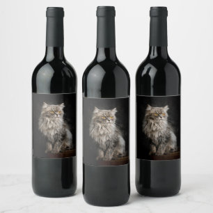 Grey Fluffy Cat Wine Label