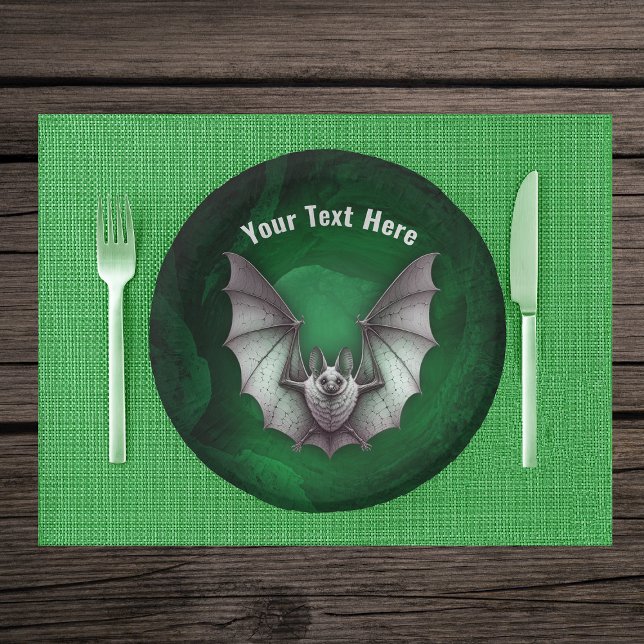 Grey Flying Bat Glowing Green Spooky Cave Paper Plate (Grey flying furry bat in glowing green spooky cave on Halloween paper party bowl.)