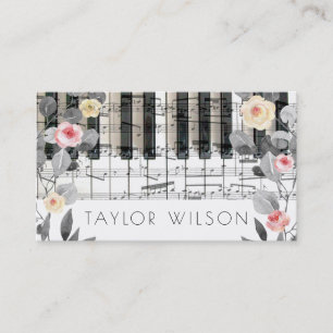 grey foliage and roses pianist music teacher business card