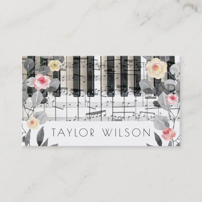 grey foliage and roses pianist music teacher business card (Front)