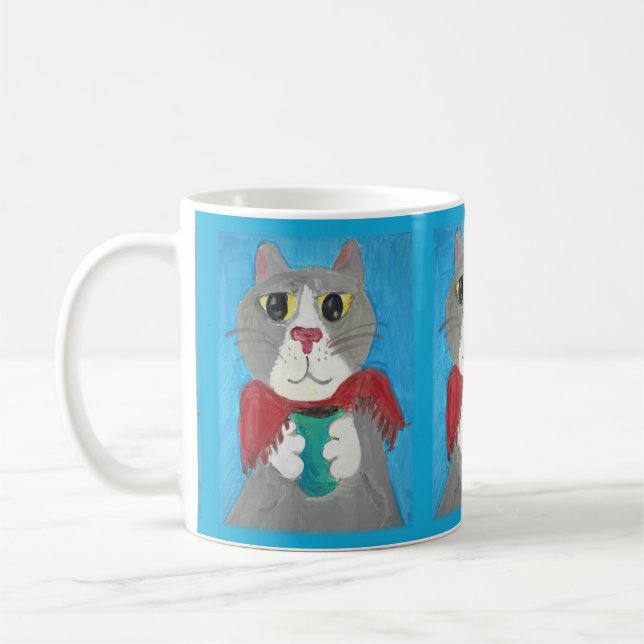 Grey Folk Art Cat with Coffee Cosy Cute Mug (Left)