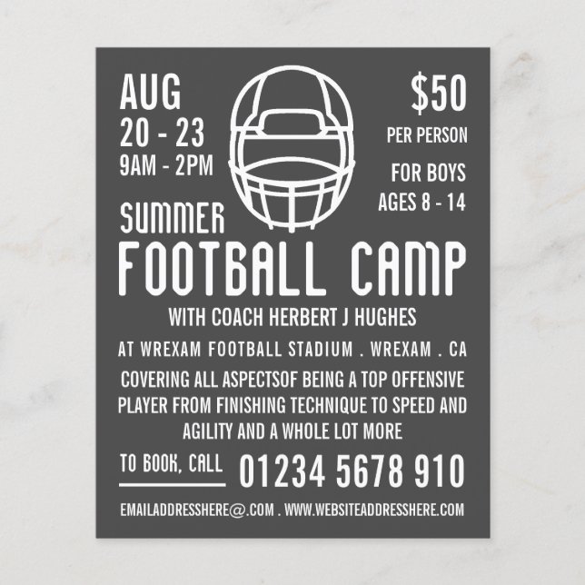 Grey Football Helmet, Football Camp Advertising Flyer (Front)