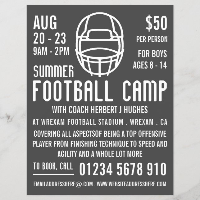 Grey Football Helmet, Football Camp Advertising Flyer (Front)