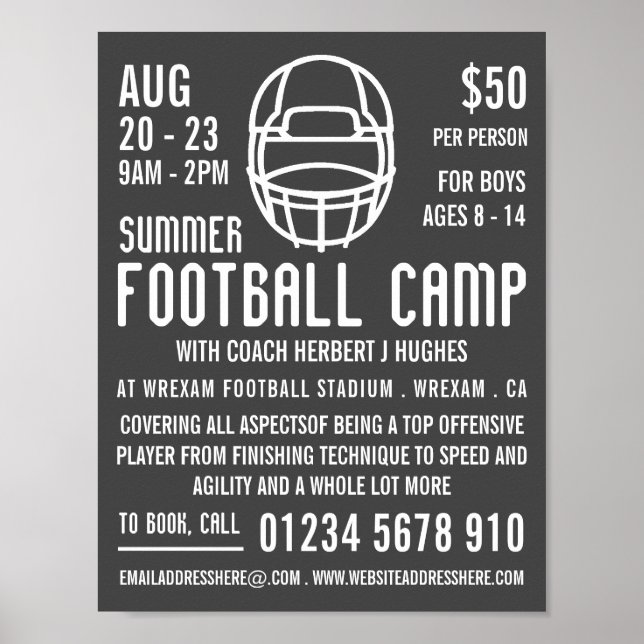 Grey Football Helmet, Football Camp Advertising Poster (Front)