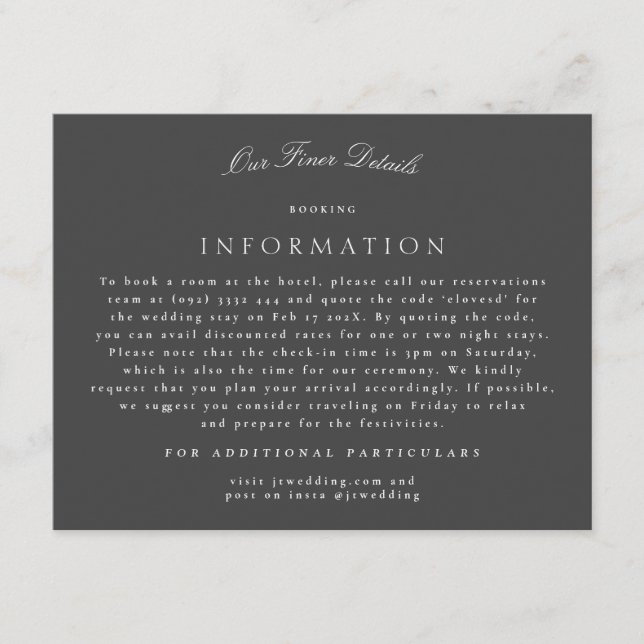 Grey Formal Classic Calligraphy Wedding Details Enclosure Card (Front)