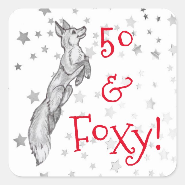 Grey Fox Silver Star 50th Foxy Fabulous Birthday Square Sticker (Front)
