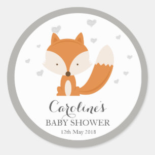 Grey Fox Woodland Love Heart Baby Shower Sticker Classic Round Sticker