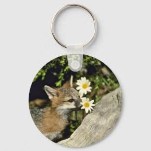 Grey Fox-young kit sniffing/eating flower Key Ring