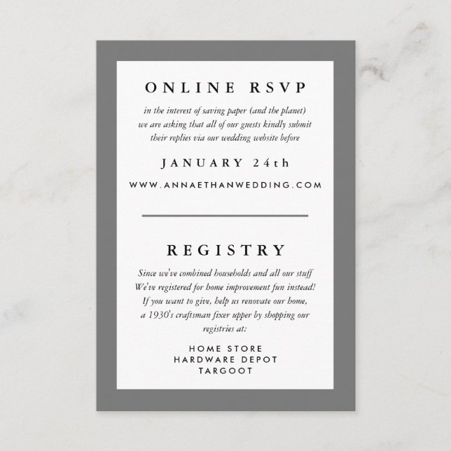 Grey Frame Wedding Reply RSVP and Registry Enclosure Card (Front)