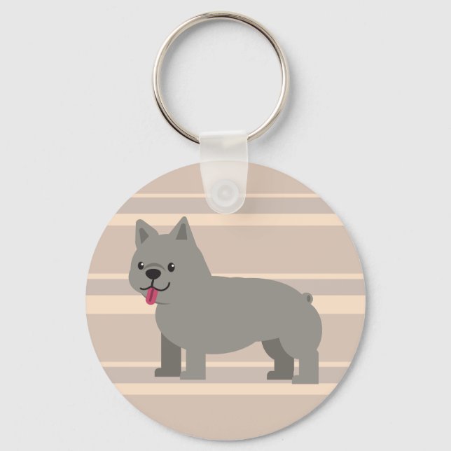 Grey French Bulldog, Beige Striped Key Ring (Front)