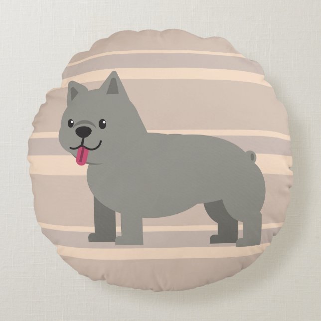 Grey French Bulldog, Beige Striped Round Cushion (Front)