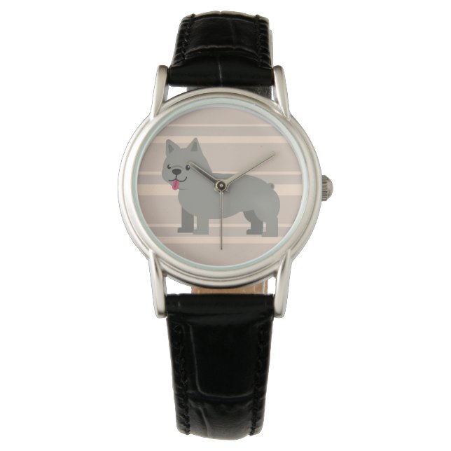 Grey French Bulldog, Beige Striped Watch (Front)