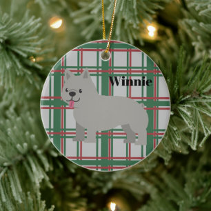 Grey French Bulldog, Christmas Plaid Ceramic Tree Decoration
