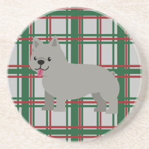 Grey French Bulldog, Christmas Plaid Coaster