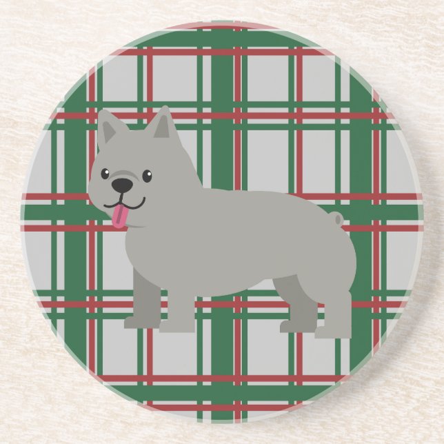 Grey French Bulldog, Christmas Plaid Coaster (Front)